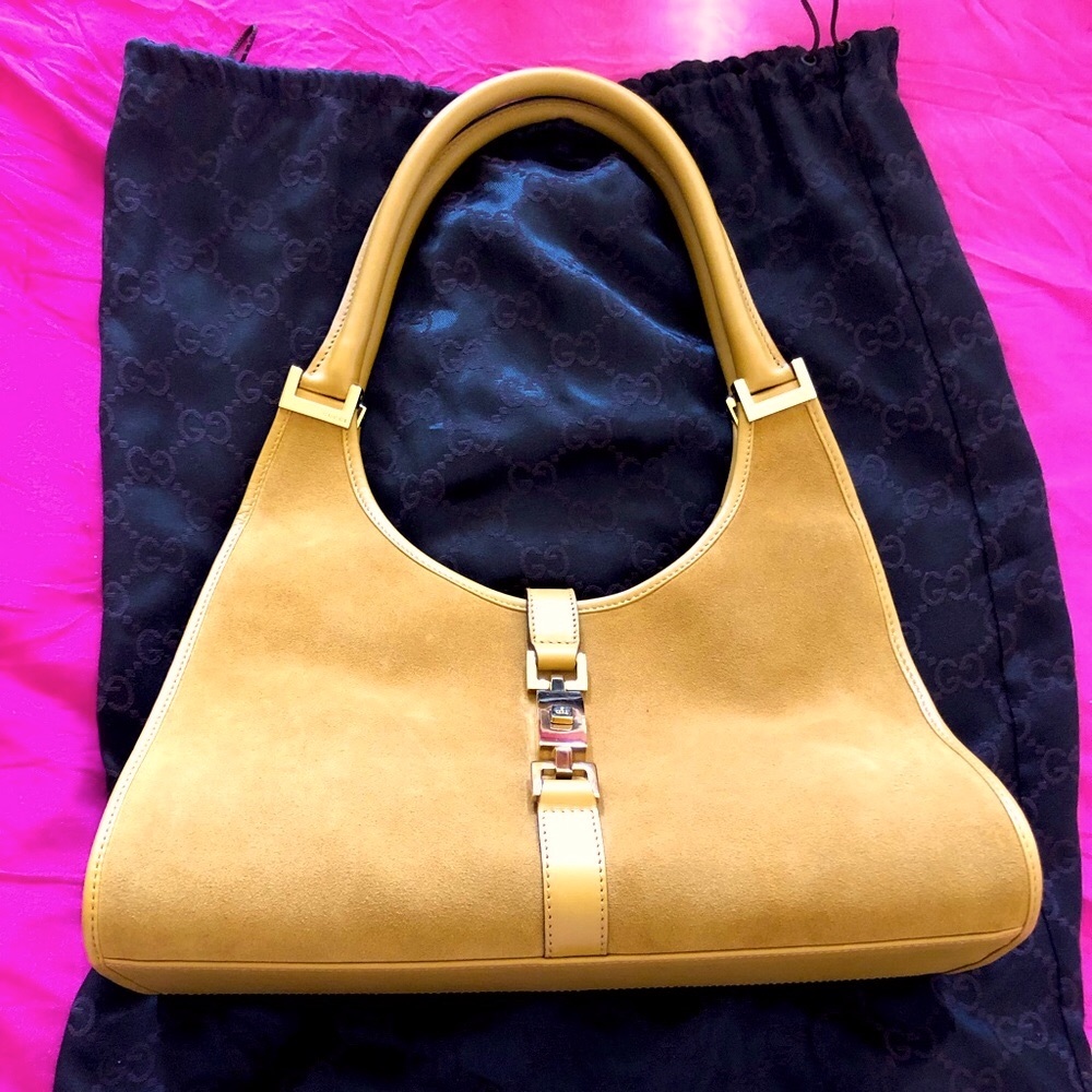 New Gucci Bardot shoulder bag in camel suede leather